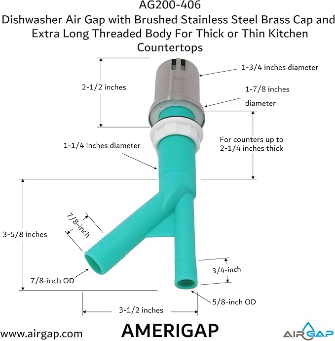Dishwasher Air Gap with Skirted Brushed Stainless Steel Brass Cap and Extra Long Threaded Body for Thick or Thin Kitchen Countertops (AG200-406, AG200-X06, AMERIGAP)