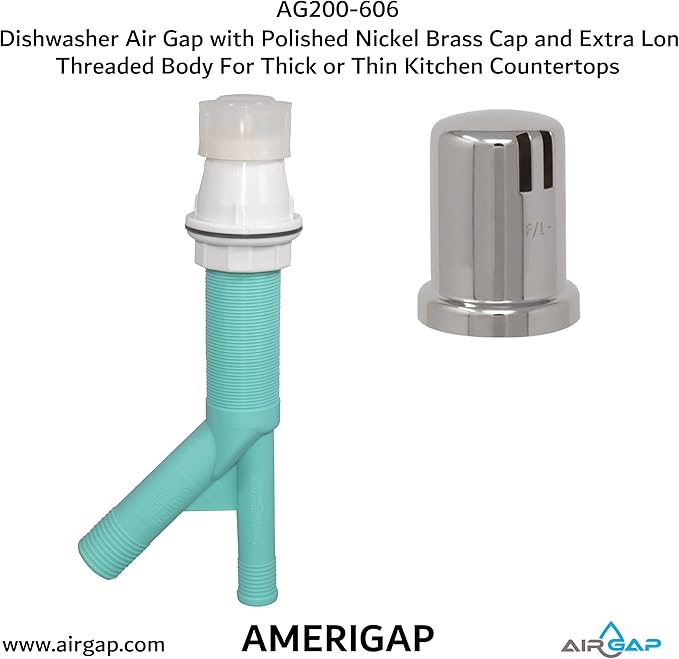 Dishwasher Air Gap with Skirted Polished Nickel Brass Cap and Extra Long Threaded Body for Thick or Thin Kitchen Countertops (AG200-606, AG200-X06, AMERIGAP)