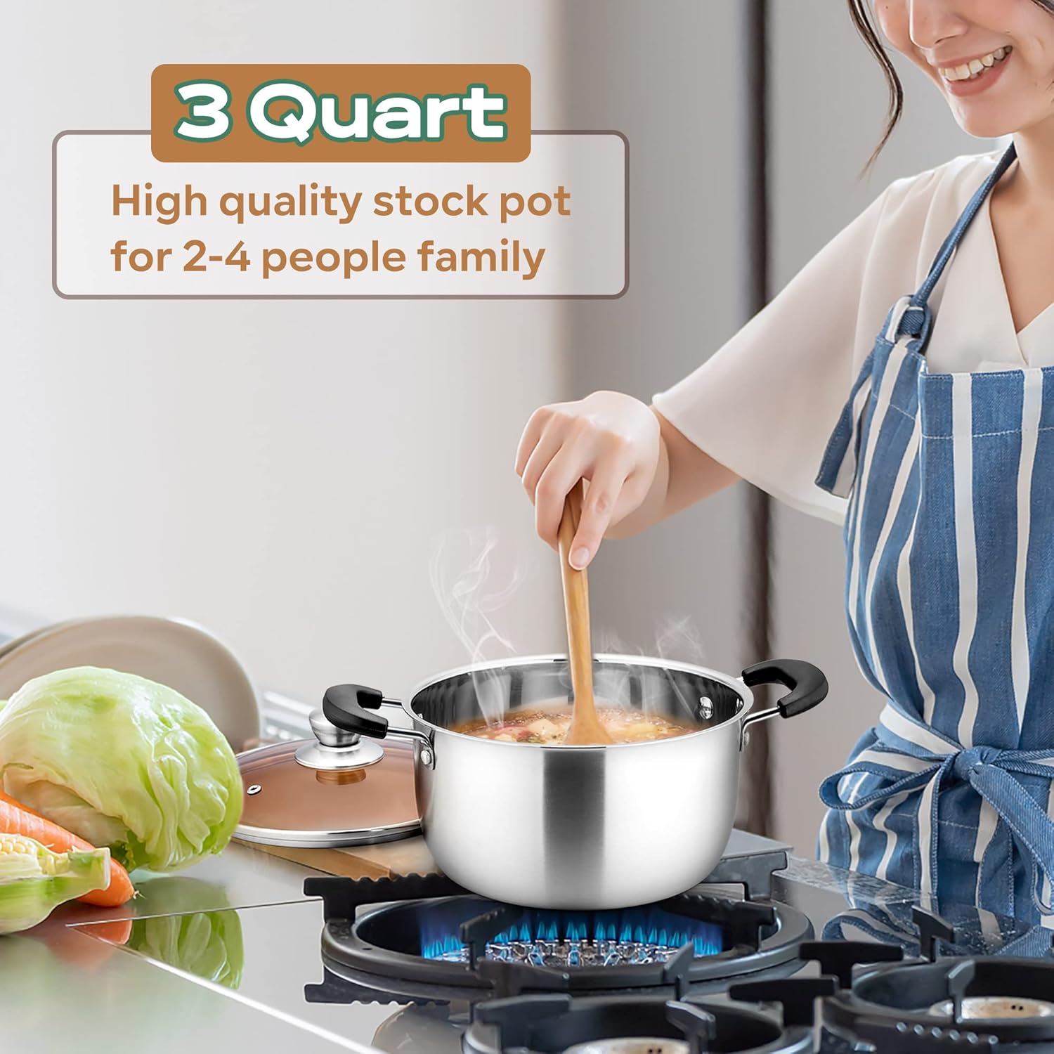 LIANYU 3QT Stainless Steel Stock Pot, Cooking Soup Pot with Lid, Heavy Duty Pasta Stockpot for Strew Simmer Boiling, Heat-proof Handle, Dishwasher Safe - Culinary Roots