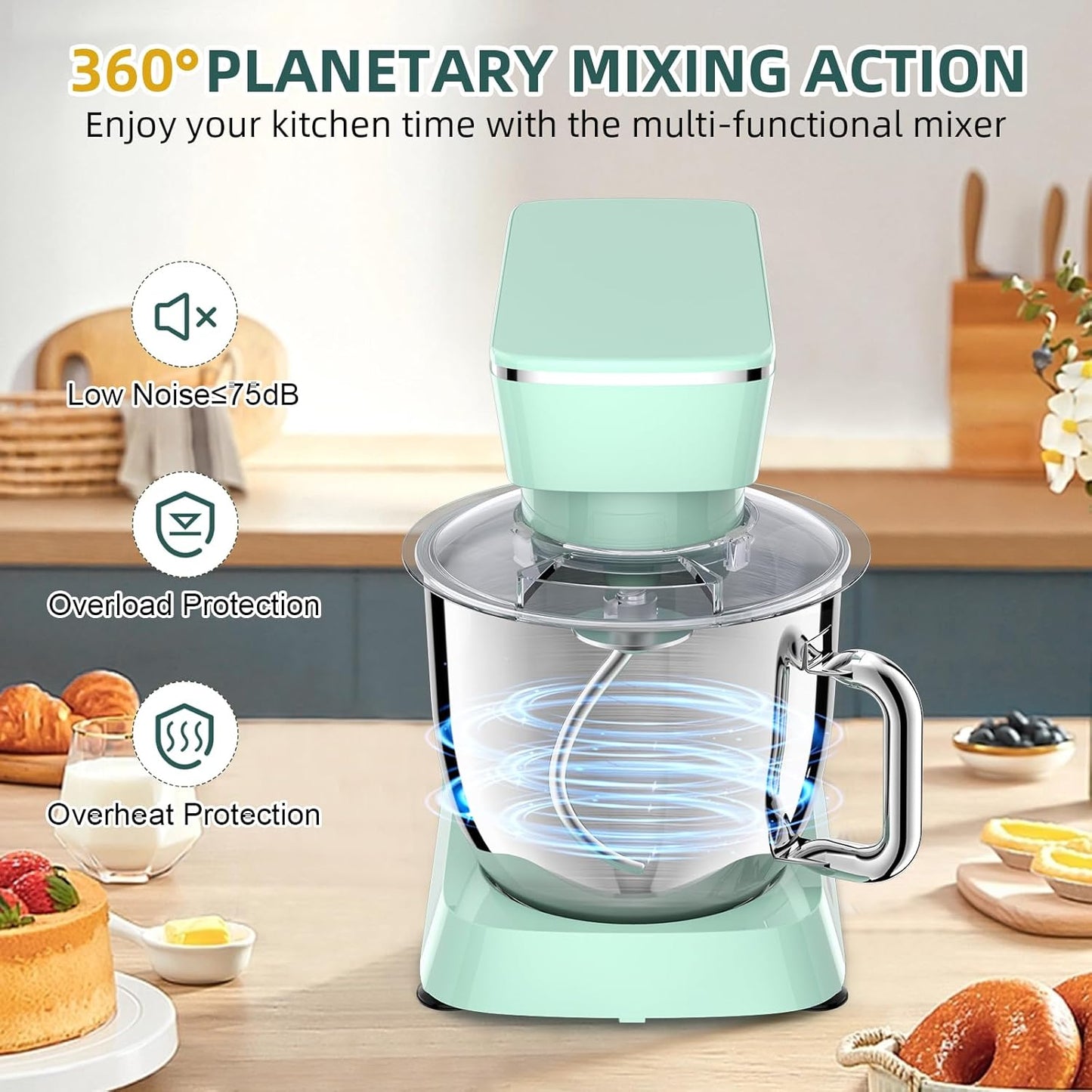 Stand Mixer, 6QT 10+P Speed Tilt-Head Kitchen Electric Mixer, Food Mixer with Stainless Steel Bowl, Dough Hook, Flat Beater, Wire Whisk, Splash Guard for Daily Use -Green