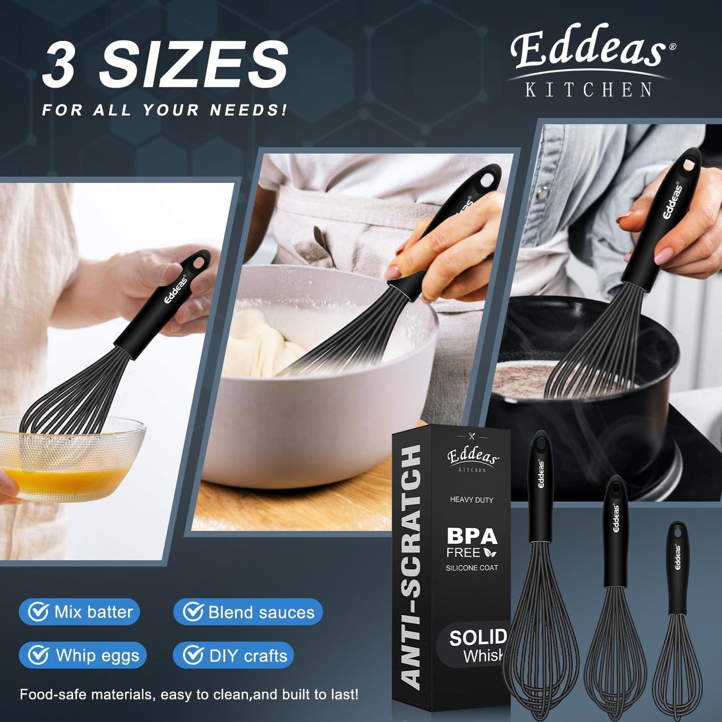 Whisks For Cooking - 500 °F Heat Resistant Silicone Whisk, Heavy Duty 7",9"&11inch Non-Scratch Balloon Kitchen Wisk tool Set, for cooking Wisking, Blending, Beating, Stirring, 3 Piece Black - Culinary Roots