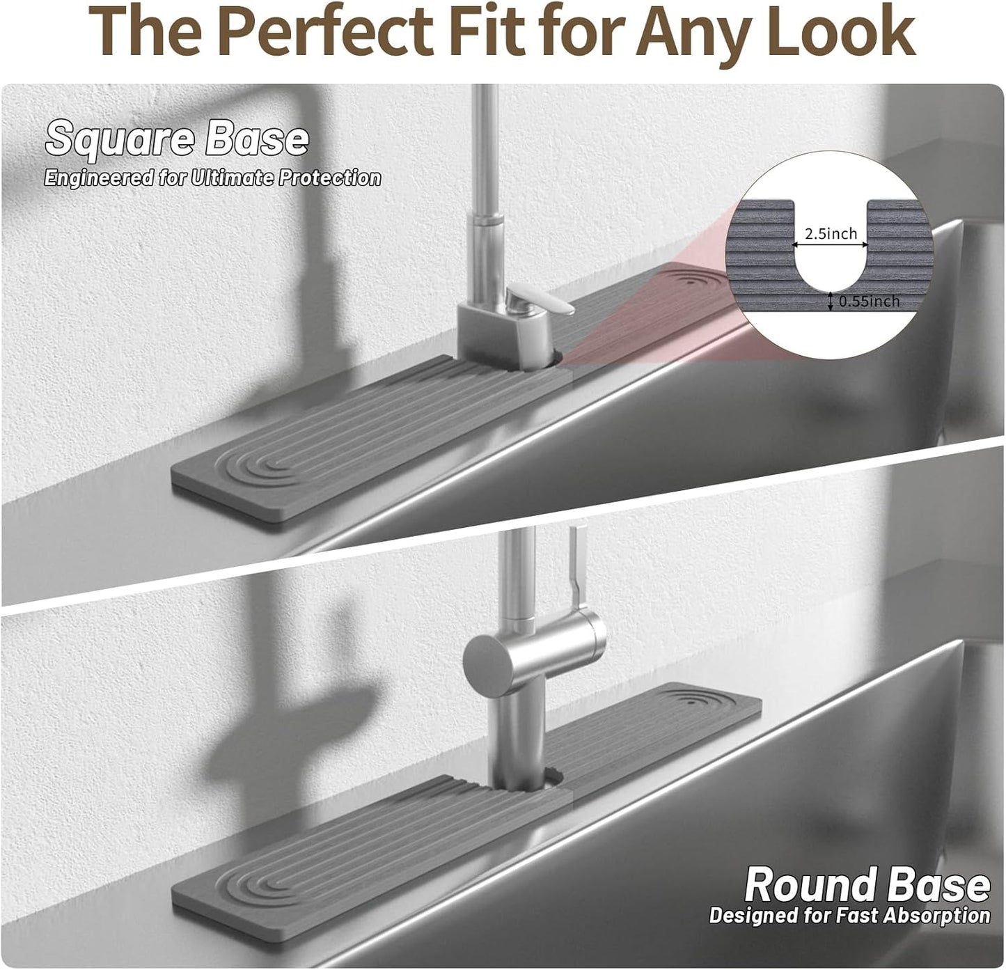 Faucet Mat for Kitchen Sink, Diatomite Stone Drying Sink Protectors, Bathroom Faucet Splash Guard, Quick Dry Water Absorbing, Non-Slip Stone Tray for Kitchen Counter, Grey, 23.6" x 3.9" - Culinary Roots