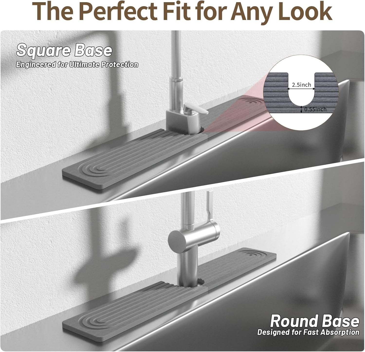 Faucet Mat for Kitchen Sink, Diatomite Stone Drying Sink Protectors, Bathroom Faucet Splash Guard, Quick Dry Water Absorbing, Non-Slip Stone Tray for Kitchen Counter, Grey, 23.6" x 3.9" - Culinary Roots