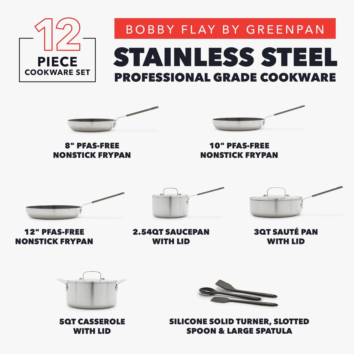 x Bobby Flay Stainless Steel 12 Piece Cookware Pots & Pans Set
