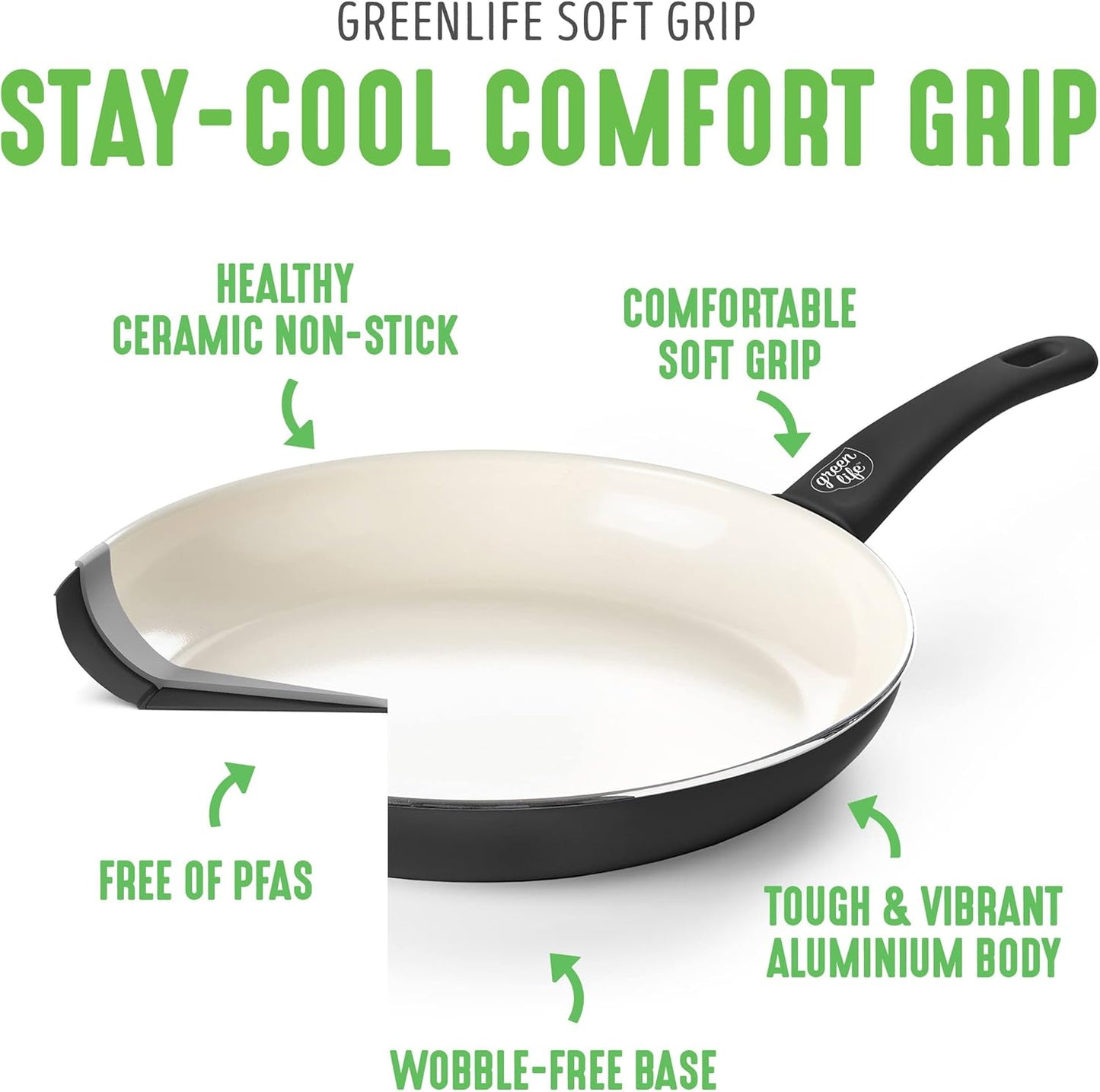 GreenLife 16 Piece Nonstick Cookware Set, Soft Grip Non-Toxic PFAS-Free Ceramic Pots & Pans, Dishwasher & Oven Safe, Frying, Sauce, Utensils, Glass Lids, Stay-Cool Handles, Wobble Free, Black & Cream - Culinary Roots
