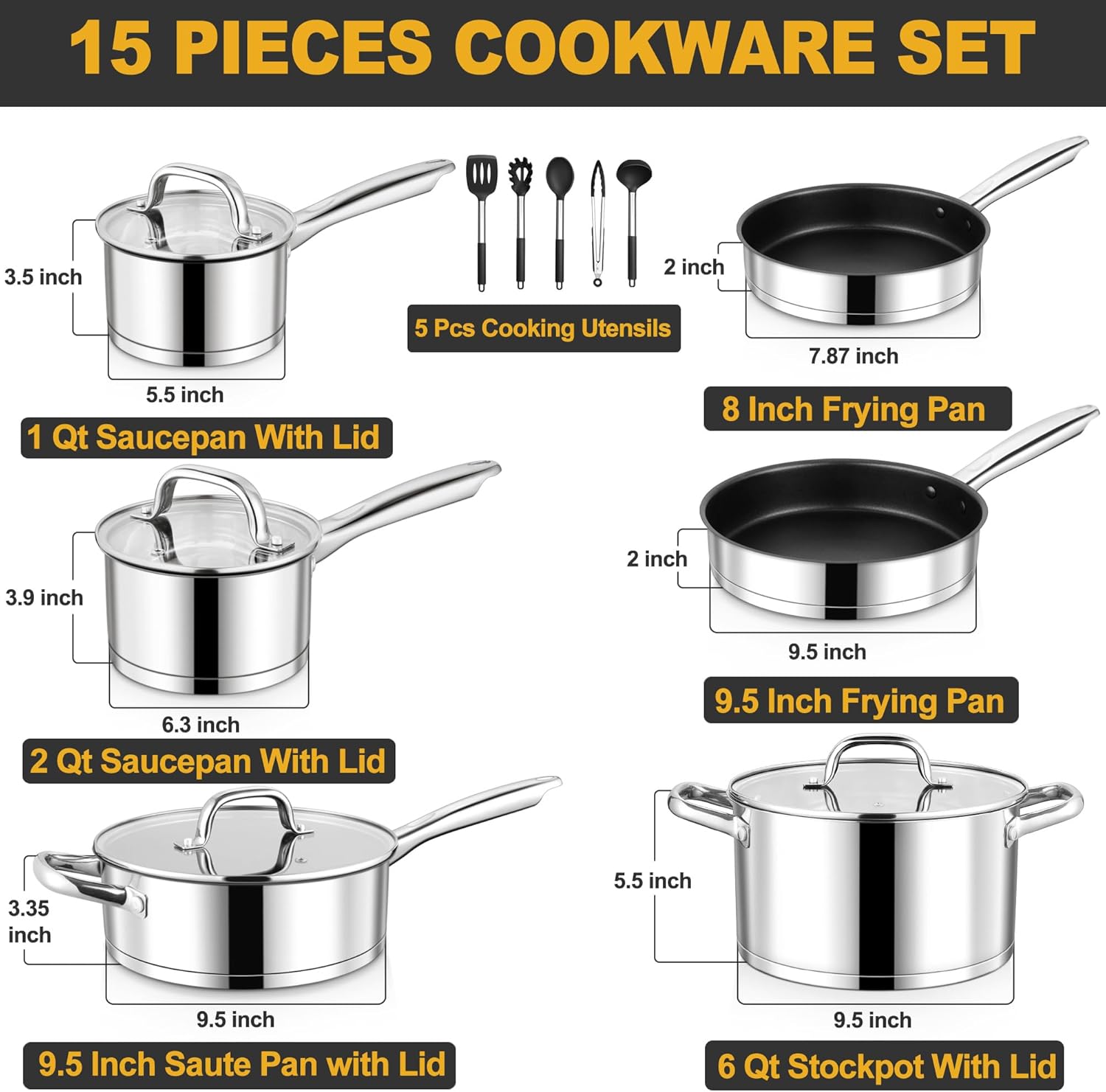 E-far 15-Piece Stainless Steel Cookware Set, 3-Ply Base Kitchen Pots and Pans Set, Non-toxic Induction Cooking Set Including Nonstick Frying Pan Saucepan, Oven & Dishwasher Safe, All Stoves Compatible - Culinary Roots