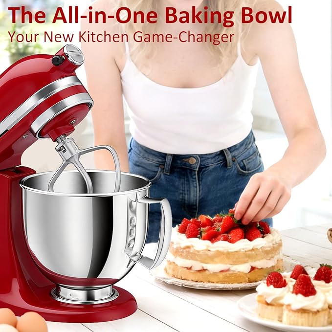 5QT Stainless Steel Mixer Bowl Compatible with KitchenAid Bowls for Mixer, Artisan&Classic Series 4.5-5QT Tilt-Head Mixers, Kitchen Gadgets Mixer Bowl with Handle,Metal Bowl for Kitchen Mixing Bowl