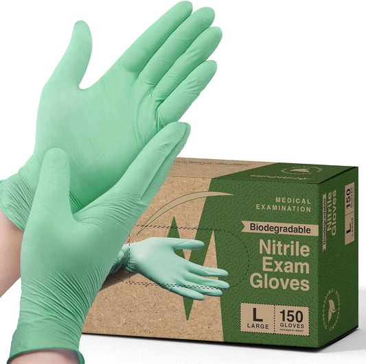 FifthPulse Biodegradable Disposable Nitrile Gloves, 150 Count, Green Food Safe Cooking Gloves - Powder and Latex Free Gloves