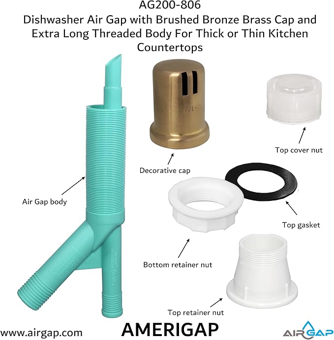 Dishwasher Air Gap with Skirted Brushed Bronze Brass Cap and Extra Long Threaded Body for Thick or Thin Kitchen Countertops (AG200-806, AG200-X06, AMERIGAP)