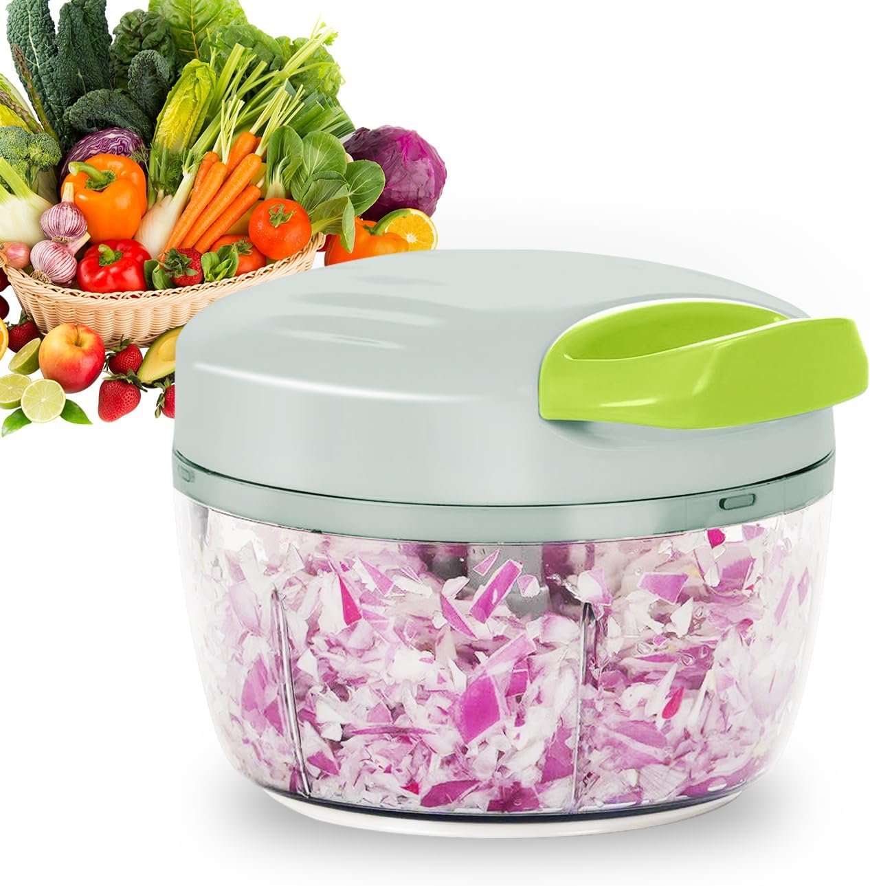 Manual Food Processor Vegetable Chopper 2.3 Cup Small Mini Hand Pull String Onion Chopper Garlic Mincer Cutter with 3 Stainless Steel Blades - Green
