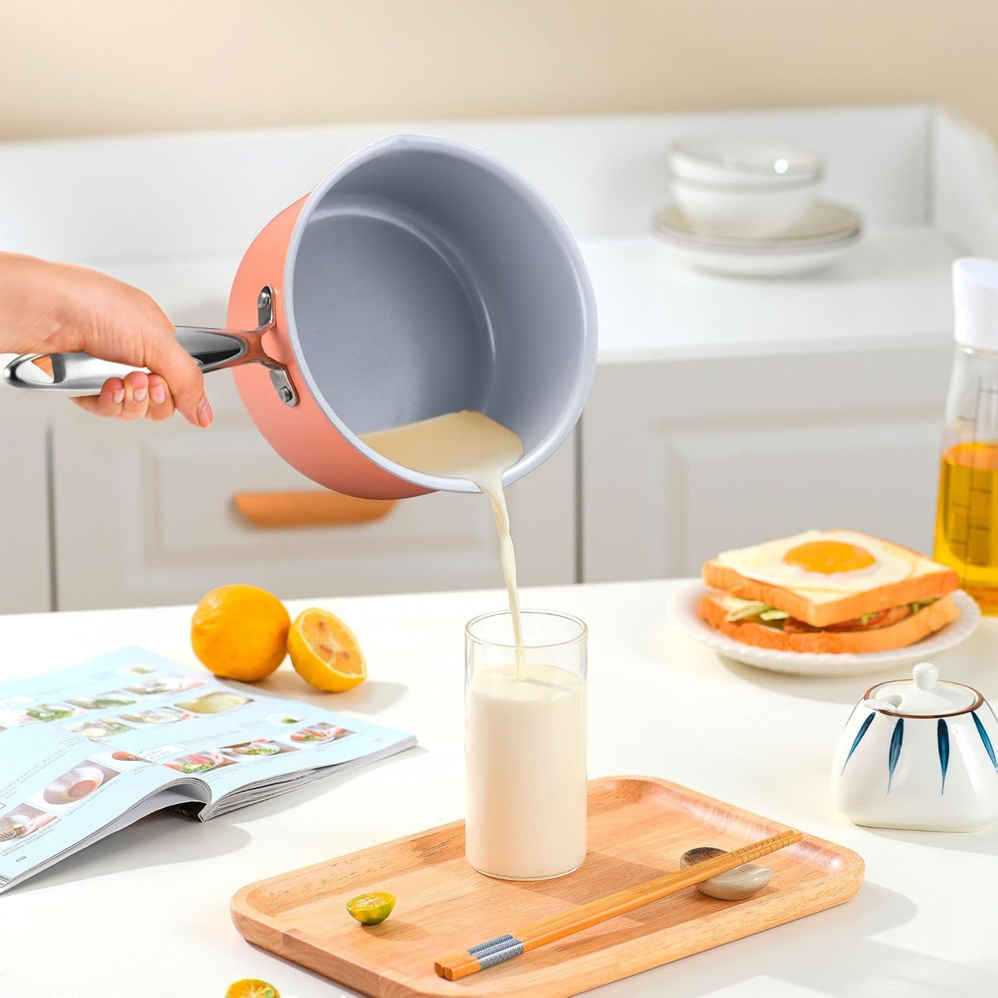 Nonstick Ceramic Saucepan 2.5 Qt,Sauce Pot with Strainer Lid,Two Side Spouts for Easy Pour with Ergonomic Handle,Non Toxic,PTFE &PFOA Free - Oven Safe Compatible with All Stovetops,Perracotta - Culinary Roots