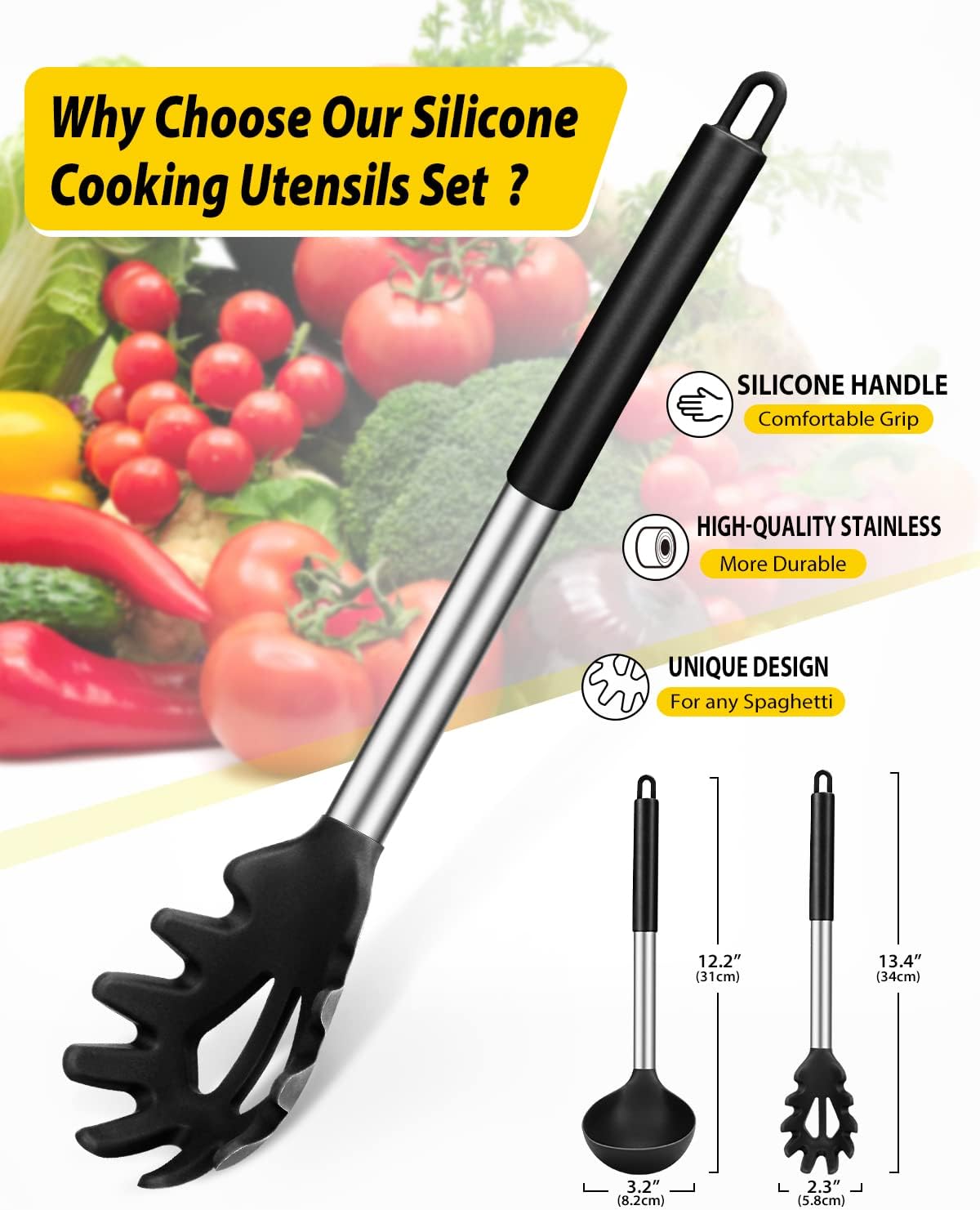 Silicone Pasta Fork and Ladle Spoon Set, Large Non Stick Kitchen Utensils for Cooking,Stirring,Serving Spaghetti, Soup, Sauce (BLACK) - Culinary Roots