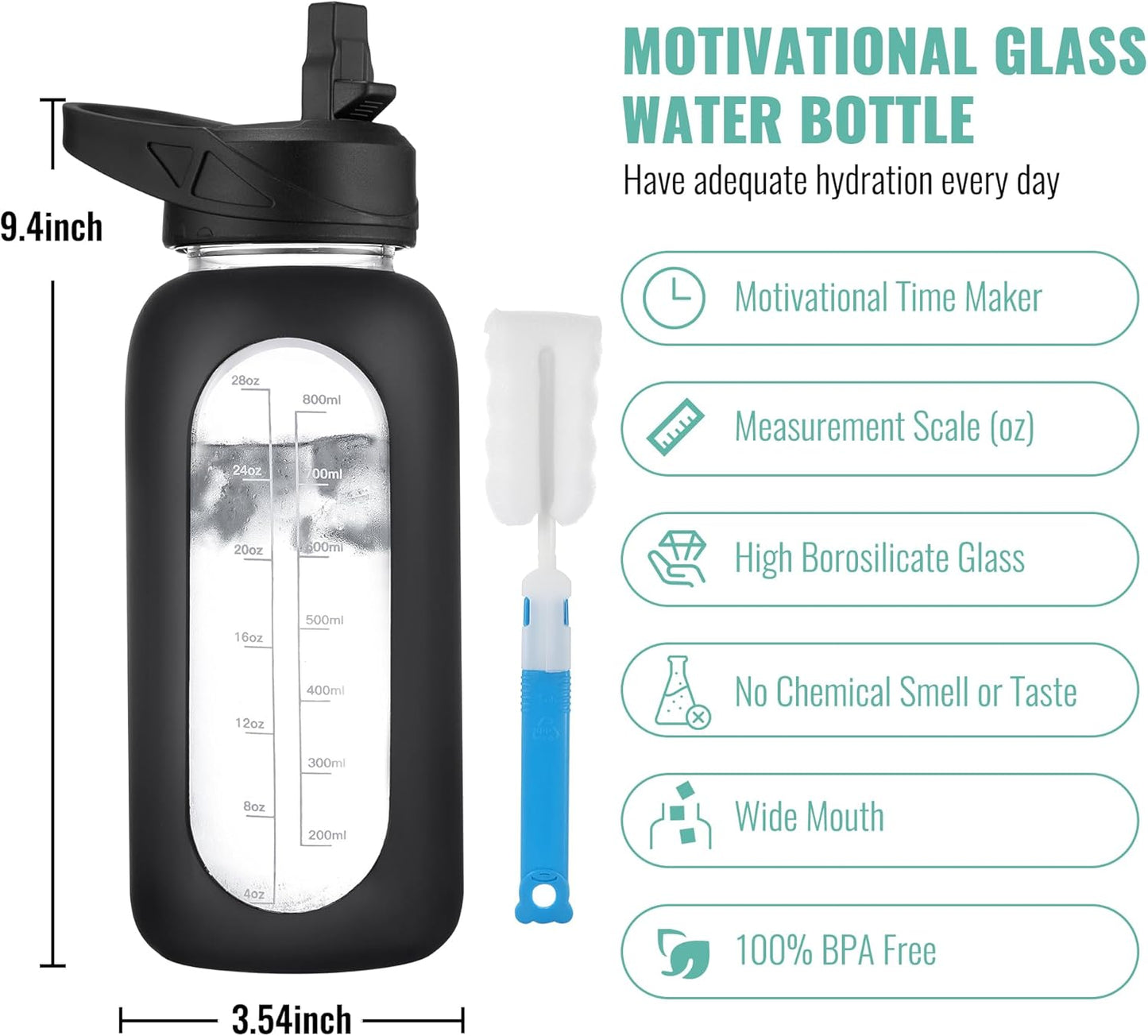 CIVAGO 40 oz Glass Water Bottle with Straw and Handle, Large Sports Motivational Water Bottle Flask with Time Marker and 2 Lids, Leakproof Water Jug Canteen with Silicone Sleeve for Gym,Red