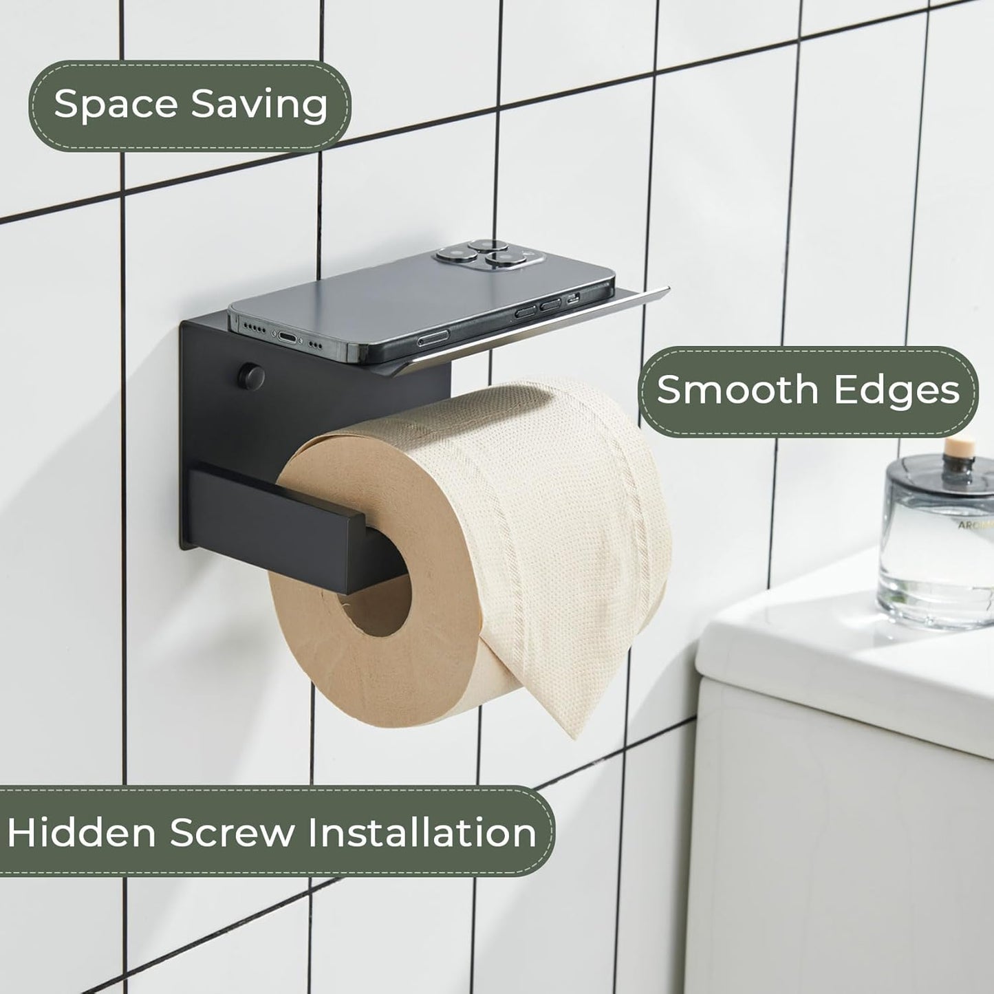 KOKOSIRI Black Toilet Paper Holders with Shelf Bathroom Toilet Paper Roll Holder SUS304 Stainless Steel Wall Mounted, Matte Black, B2010BK