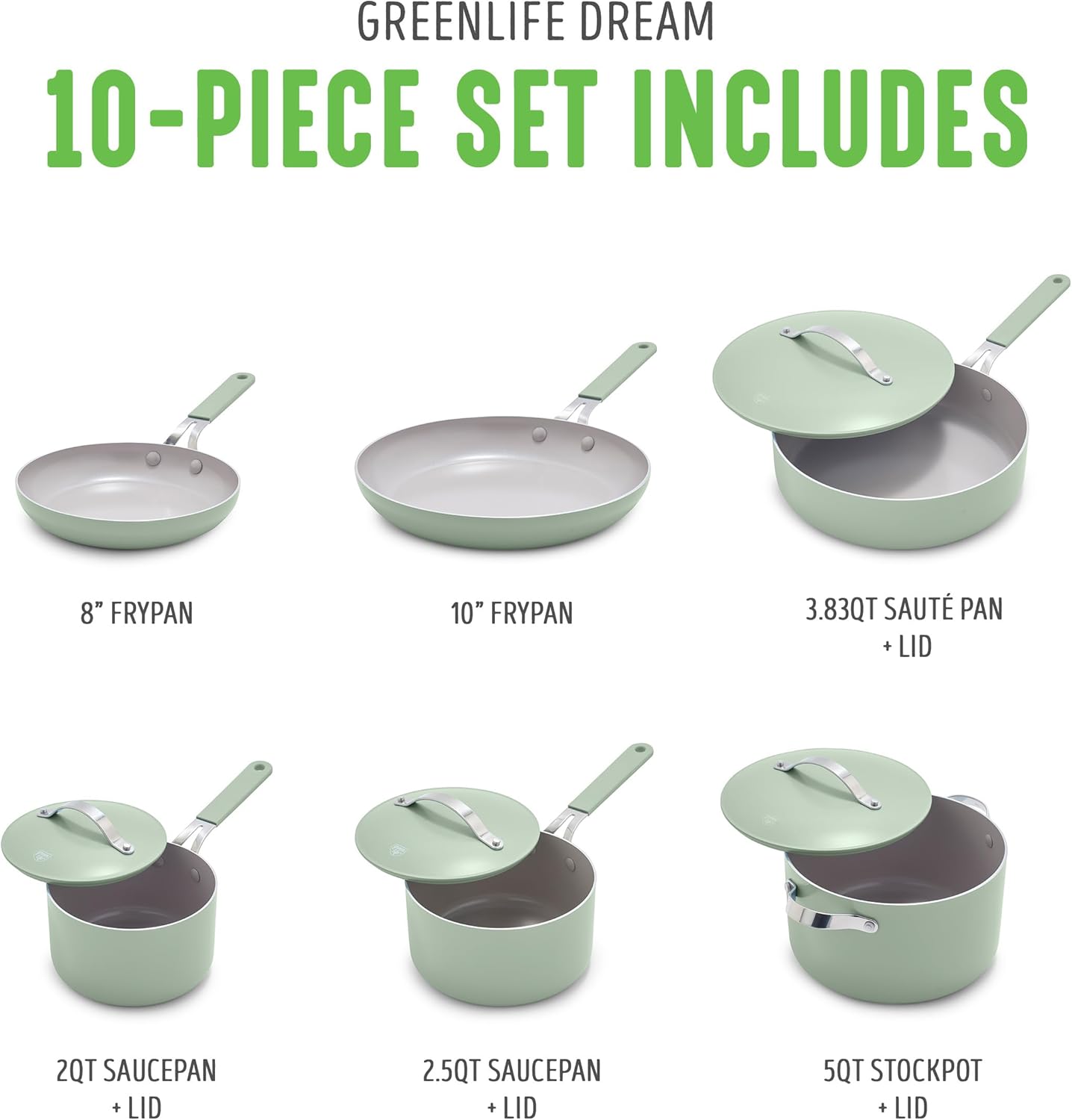 GreenLife 10-Piece Nonstick Ceramic Cookware Set, Lightweight Healthy PFAS-Free Pots & Pans with Lids, Dishwasher & Oven Safe, Durable Body, Silicone Stay-Cool Handles, Easy Release, Sage Green - Culinary Roots