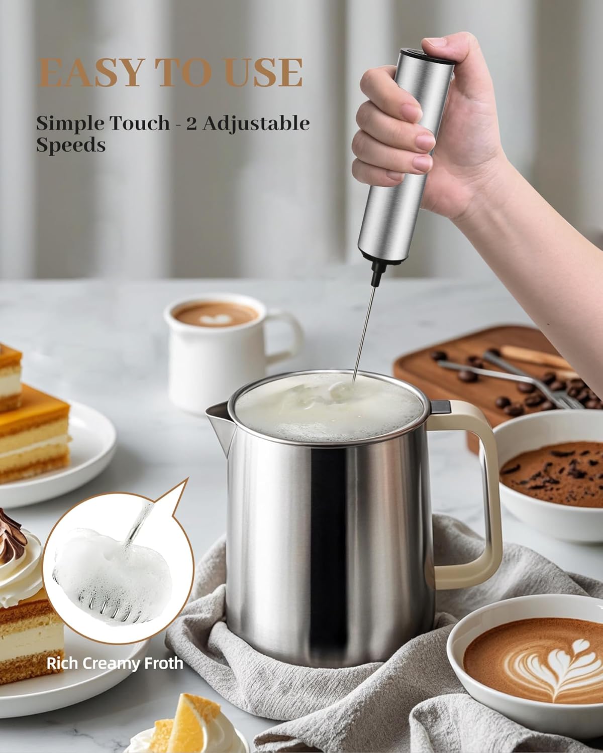 Milk Frother Rechargeable with Cover - Coffee Frother Wand, Drink Mixer Handheld with 2 Detachable Stainless Whisks 2 Speed Adjustable for Latte, Cappuccino, Hot Chocolate, Egg, Silver - Culinary Roots
