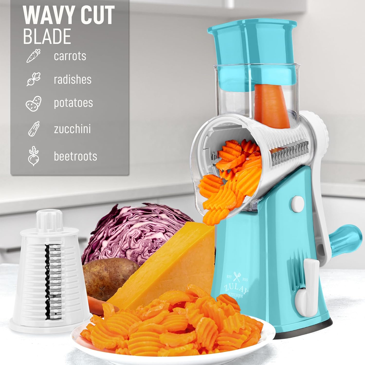 Zulay Kitchen Rotary Cheese Grater 5 Blade Cheese Shredder - Manual Hand Crank Cheese Grater With Reinforced Suction & 5 Interchangeable Drums - Easy to Use, Vegetable Chopper Round Mandoline Slicer - Culinary Roots