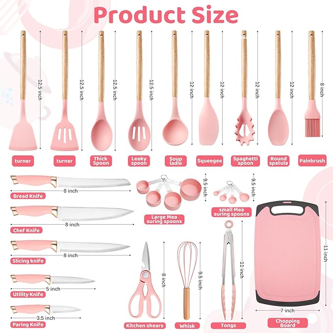 37 PCS Kitchen Utensils Set, Silicone Cooking Utensils Set with Knife Set and Holder, Wooden Handle Kitchen Tool Set (Pink)