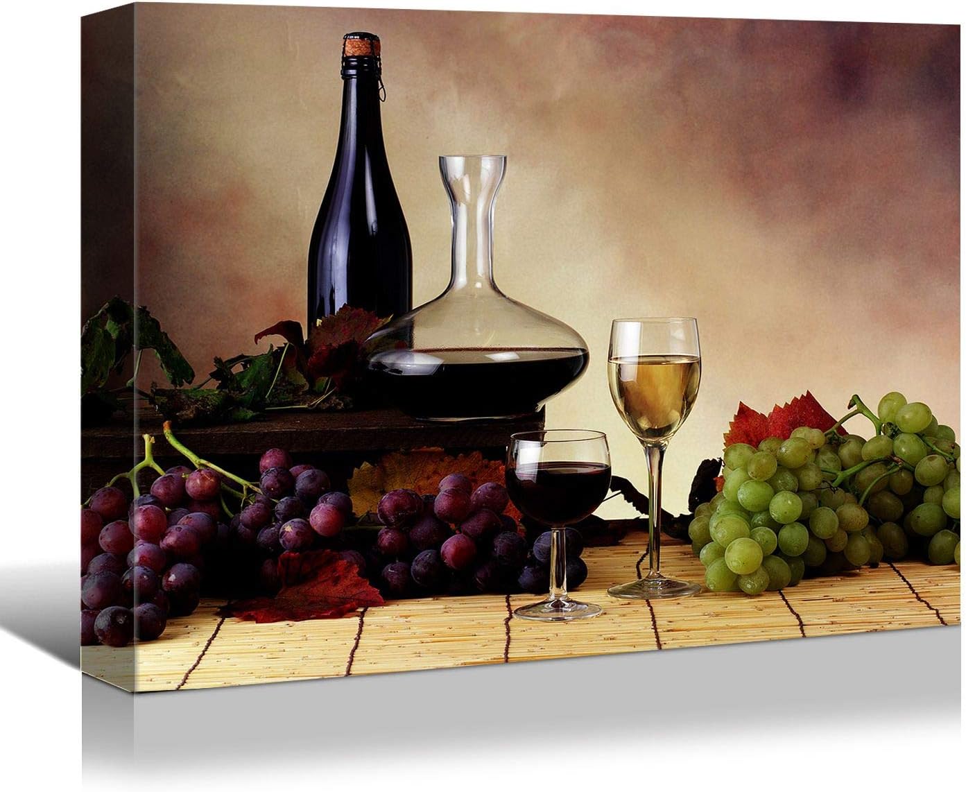 Looife Kitchen Still Life Canvas Wall Art, 16x12 Inch Vintage Wine Bottle with Grapes Picture Prints Wall Decor, Food Art Deco for Dining Room and Bar Wall Decoration