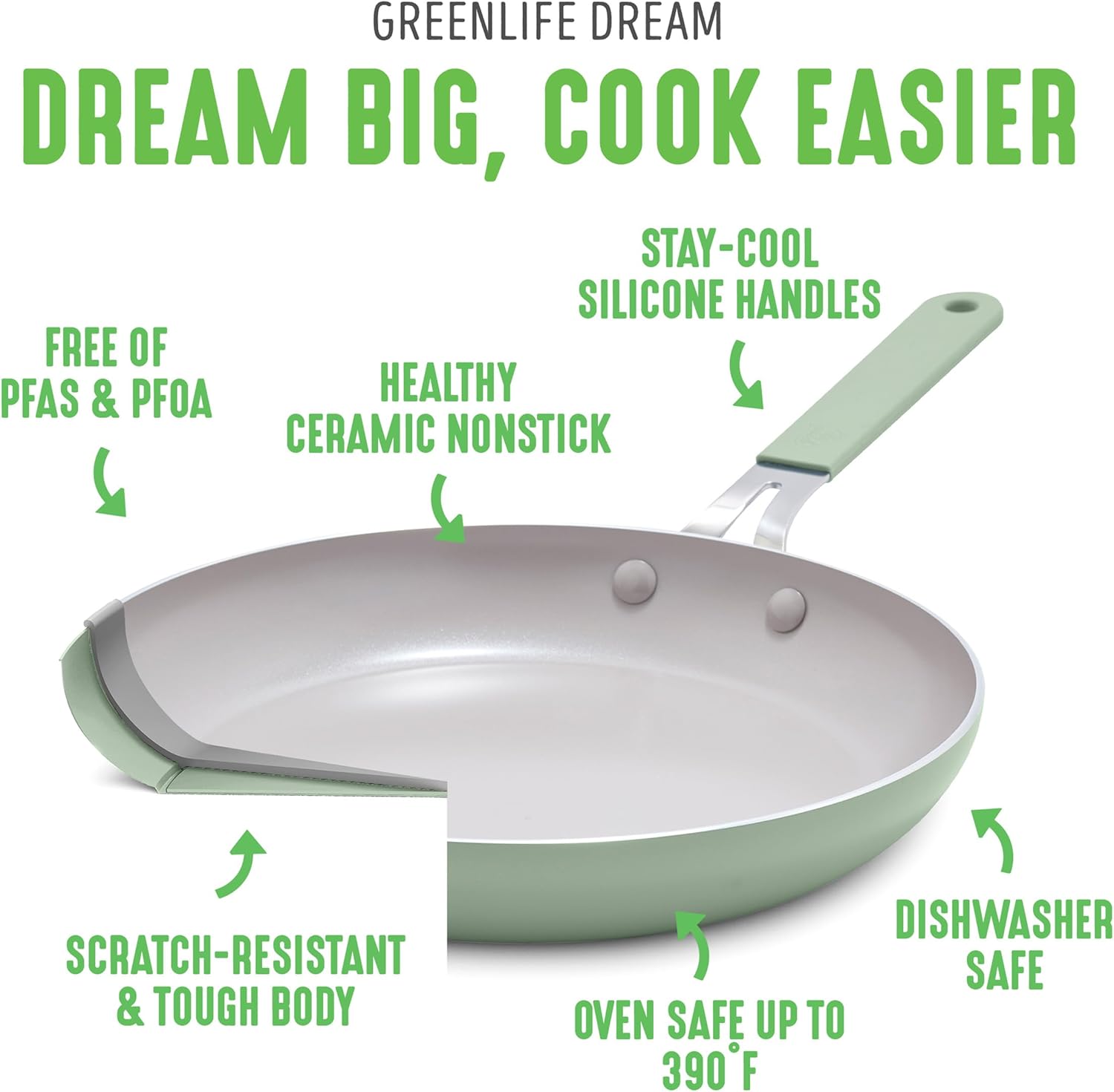 GreenLife 8” & 10” 2 Piece Nonstick Ceramic Frying Pan Set, Lightweight Healthy PFAS-Free Skillets, Dishwasher & Oven Safe, Durable Body, Silicone Stay-Cool Handles, Easy Release, Sage Green - Culinary Roots