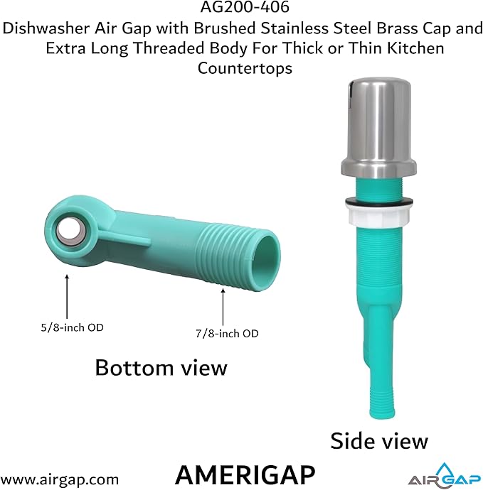 Dishwasher Air Gap with Skirted Brushed Stainless Steel Brass Cap and Extra Long Threaded Body for Thick or Thin Kitchen Countertops (AG200-406, AG200-X06, AMERIGAP)