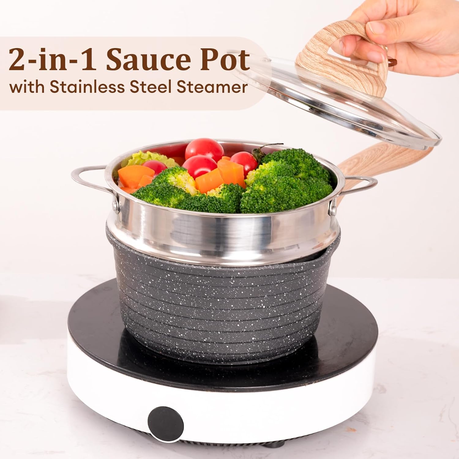 JEETEE 2.5 Quart Saucepan with Steamer Basket, Small Sauce Pot with Lid，Nonstick Coating with Pour Spout, Induction Compatible Cookware Sauce Pan for Cooking, PFOA/PFOS Free - Culinary Roots
