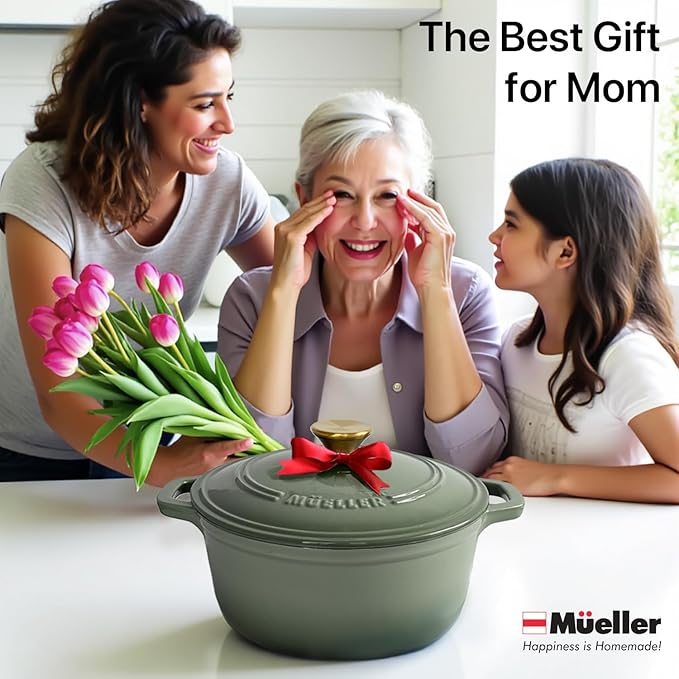 MUELLER HOME 6 Quart Enameled Cast Iron Dutch Oven For Sourdough Bread Baking, Heavy-Duty, Oven-Safe up to 500° F & Across All Cooktops, Casserole Dishes, Green Kitchen Accessories, Thyme Green