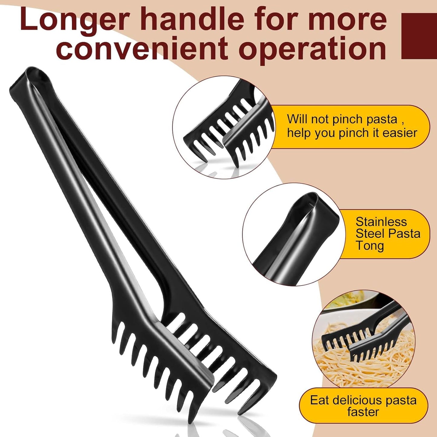 Patelai 2 Pcs Stainless Steel Pasta Spoon with Teeth Large Spaghetti Utensil, 9.4'' Tong and 13.6'' Pasta Fork with Vacuum Handle, Comfortable Grip Design Spoons for Kitchen(Black) - Culinary Roots