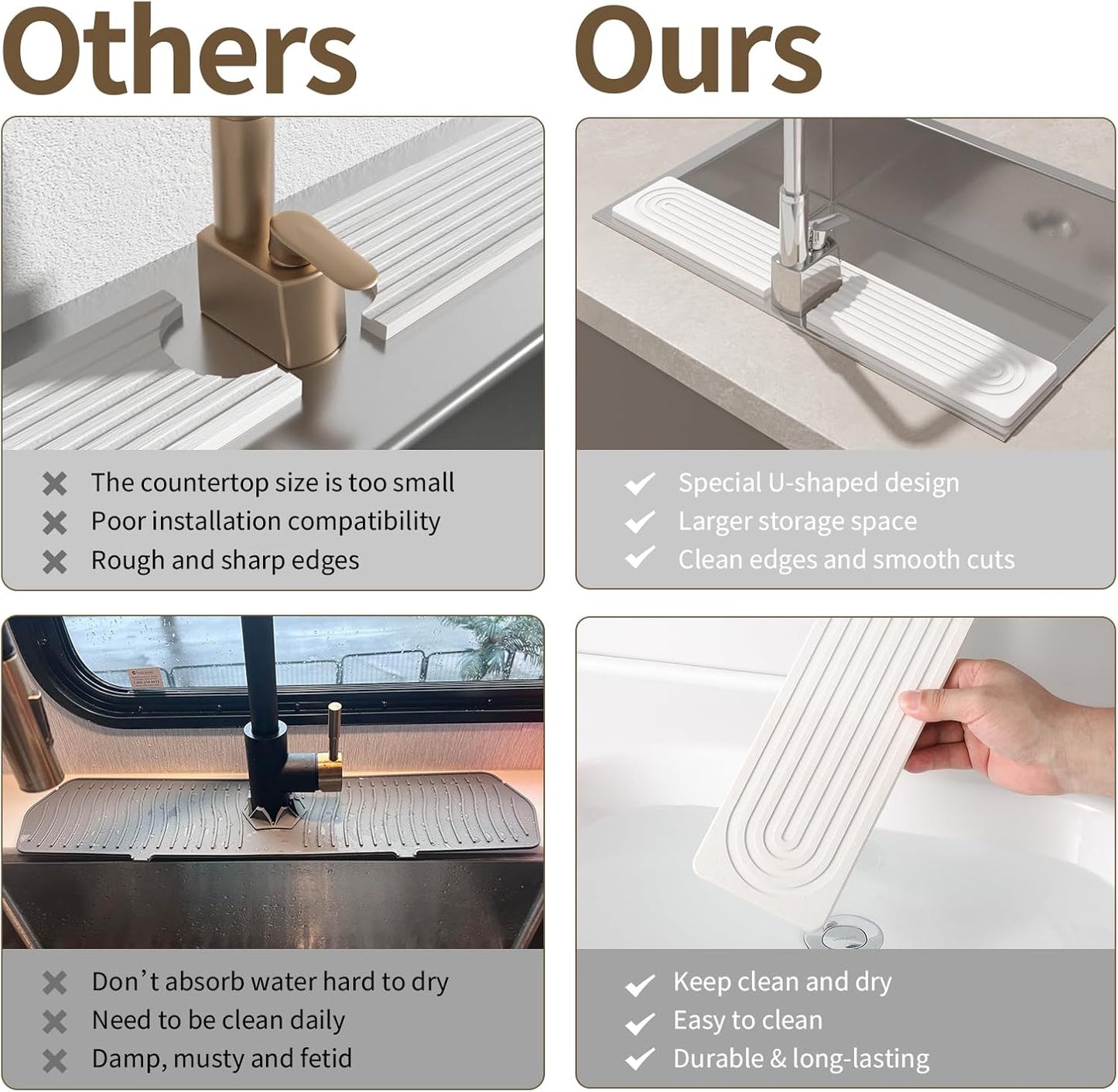 Faucet Mat for Kitchen Sink, Diatomite Stone Drying Sink Protectors, Bathroom Faucet Splash Guard, Quick Dry Water Absorbing, Non-Slip Stone Tray for Kitchen Counter, White, 23.6" x 3.9" - Culinary Roots