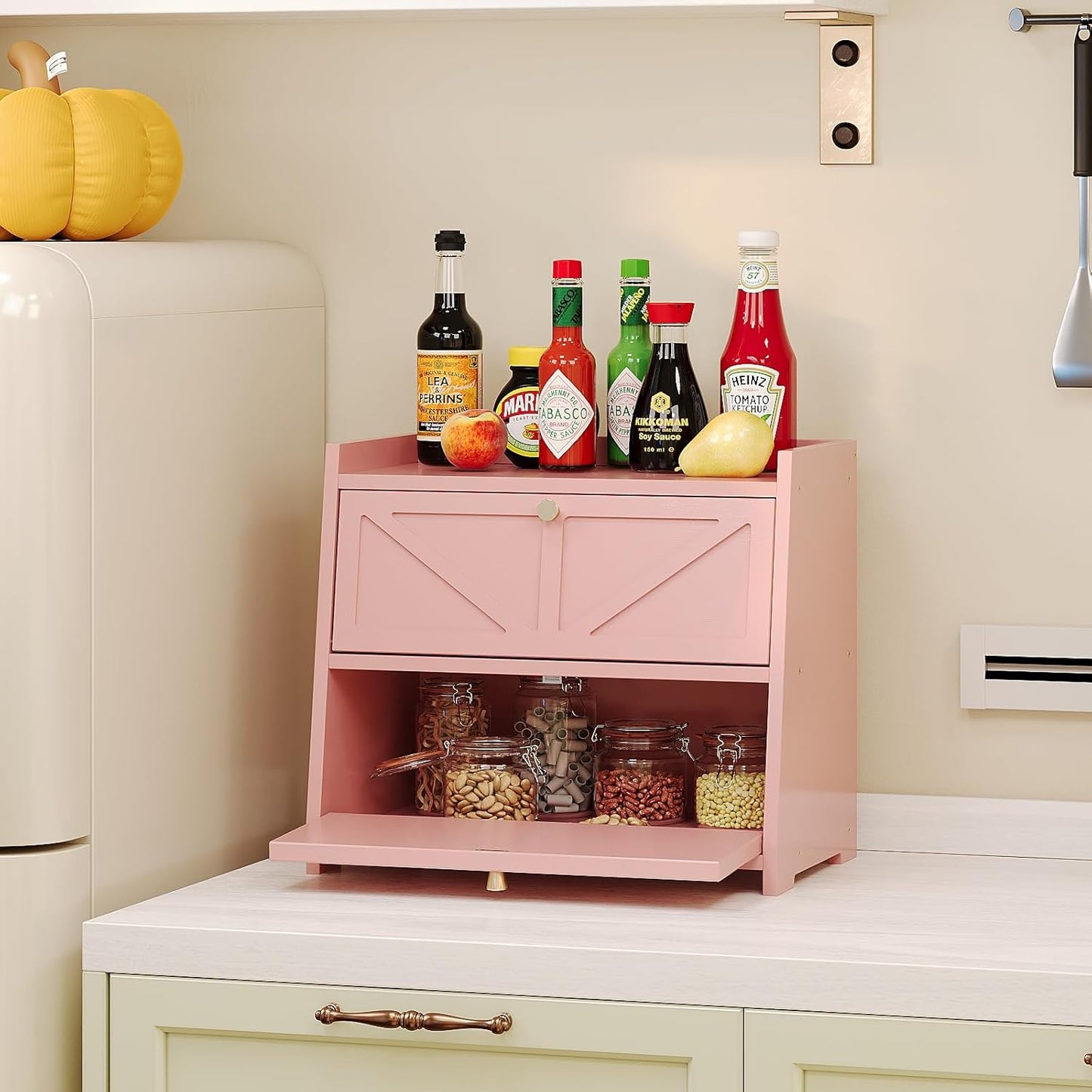 Vintage Double Layer Bread Box for Kitchen Counter Bamboo Bread Storage Container Large Capacity Bread Storage Bin (Pink)
