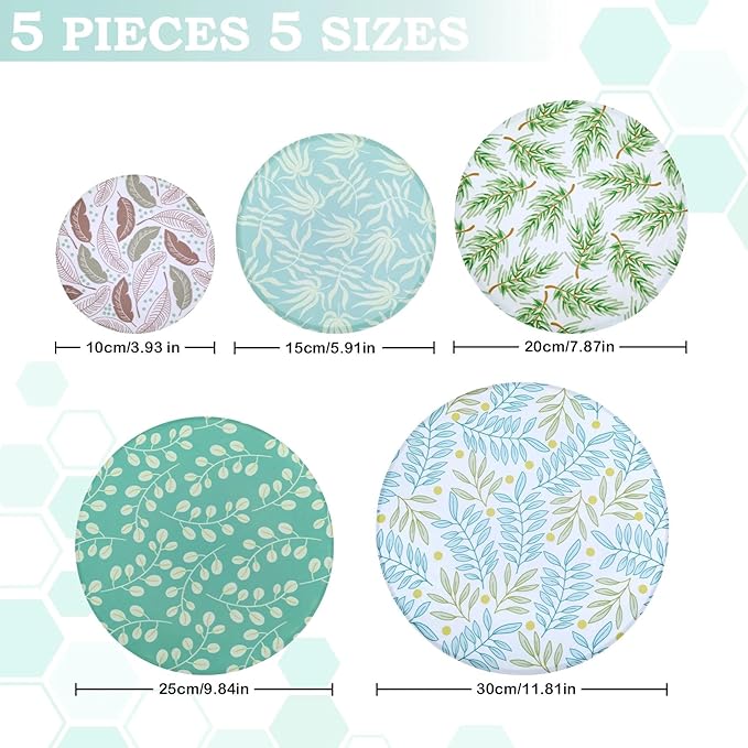 5-Size Reusable Beeswax Bowl Covers for Bread Proofing, Cotton Cloth Flexible Beeswax Wraps for Food Storage(Green Leaves)