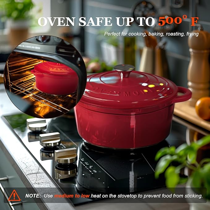 Overmont Enameled Cast Iron Dutch Oven - 7QT Pot with Lid Cookbook & Cotton Potholders - Heavy-Duty Cookware for Braising, Stews, Roasting, Bread Baking red
