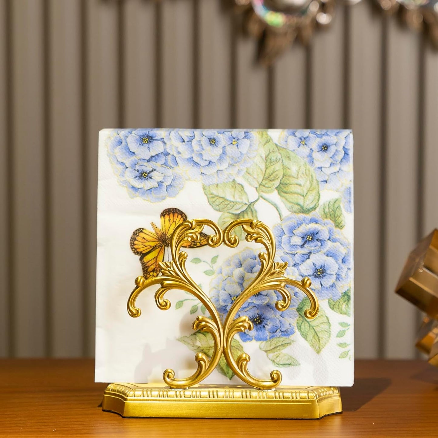 1 Gold Napkin Holder and 50 PCS Hydrangea Paper Napkins,Brass Napkin Holder,Classic combination and matching,Modern Dining Table Decor, Home Decor