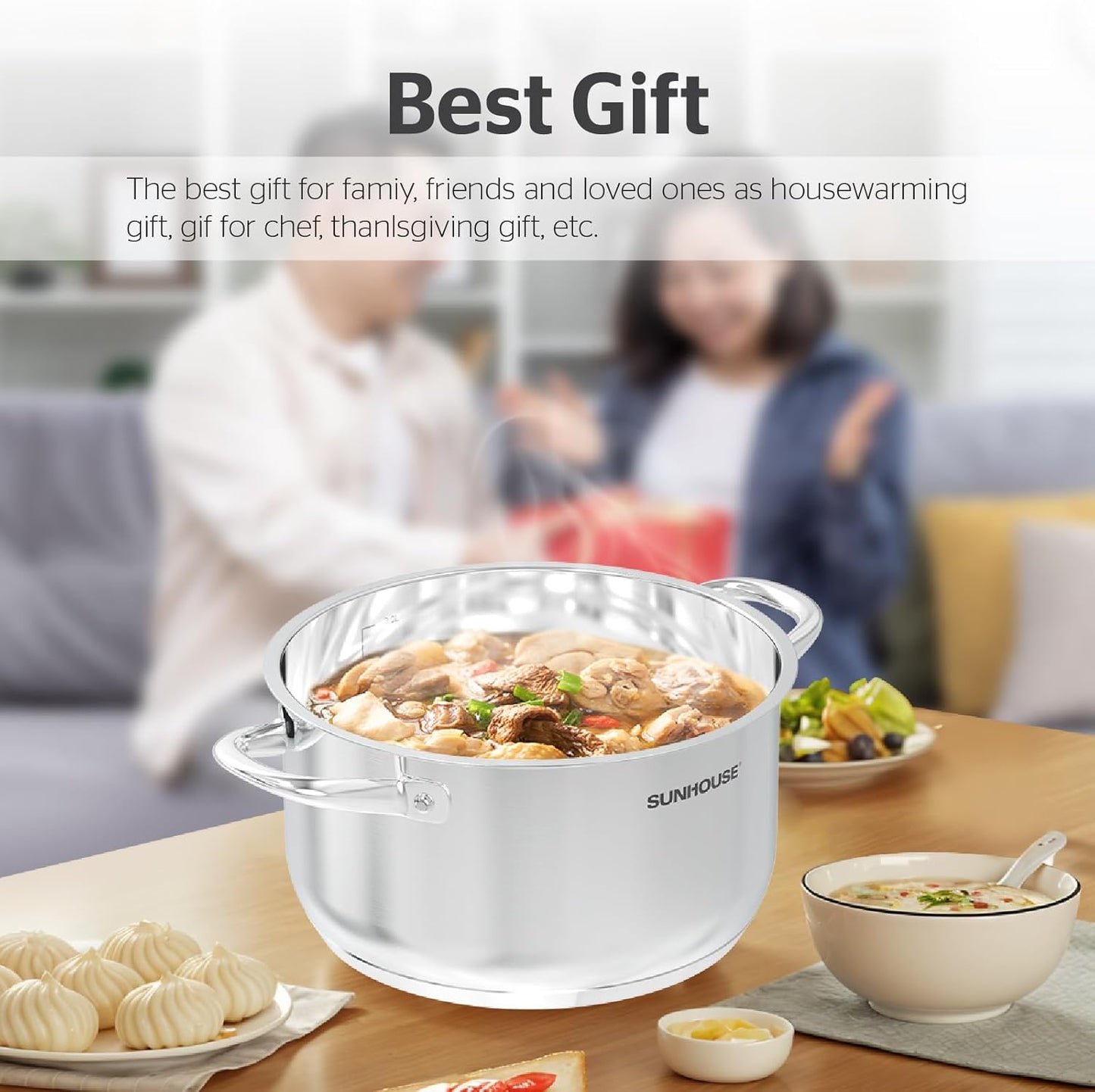 SUNHOUSE 8 Quart Stock Pot with Lid - 3-Ply Bottom Stainless Steel Pasta Cooking Canning Dutch Oven Pot - Induction Compatible for All Stovetops - Dishwasher Safe & Oven Safe - Culinary Roots