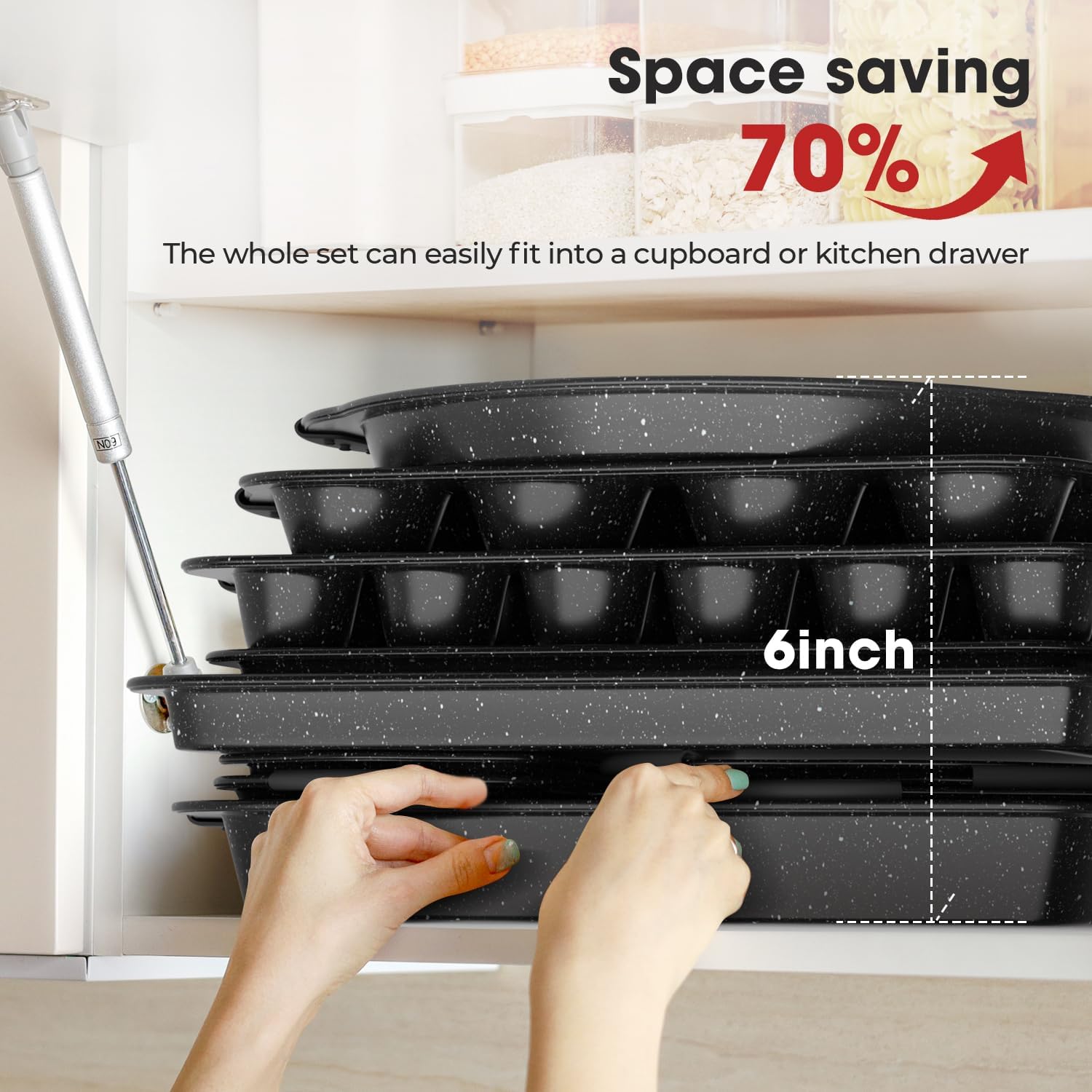 11-Piece Nonstick Baking Pan Set, Stackable Bakeware Sets, Oven Pans for Baking with Silicone Handles, Includes Cookie Sheet, Cake Pans, Loaf Pan, Pizza Pan, Muffin Pan, Black - Culinary Roots