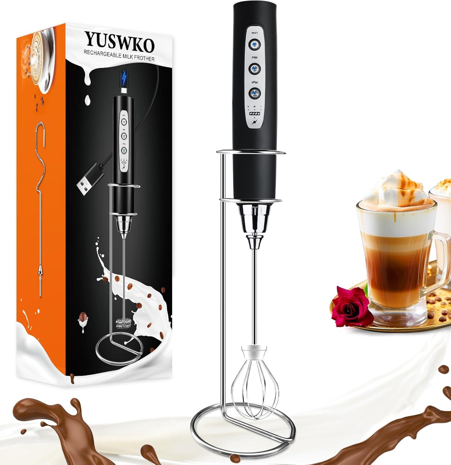 YUSWKO Black Handheld Milk Frother Wand with Stand for Coffee, Rechargeable Electric Whisk with 3 Heads 3 Speeds Drink Mixer Coffee Frother For Latte, Cappuccino, Hot Chocolate, Egg - Culinary Roots