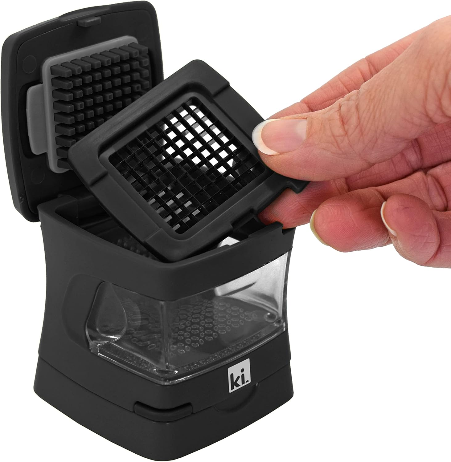 Garlic-A-Peel Garlic Press, Crusher, Cutter, Mincer, and Storage Container - Includes Silicone Garlic Peeler - Easy to Clean - Stainless Steel Blades – (Black), standard - Culinary Roots