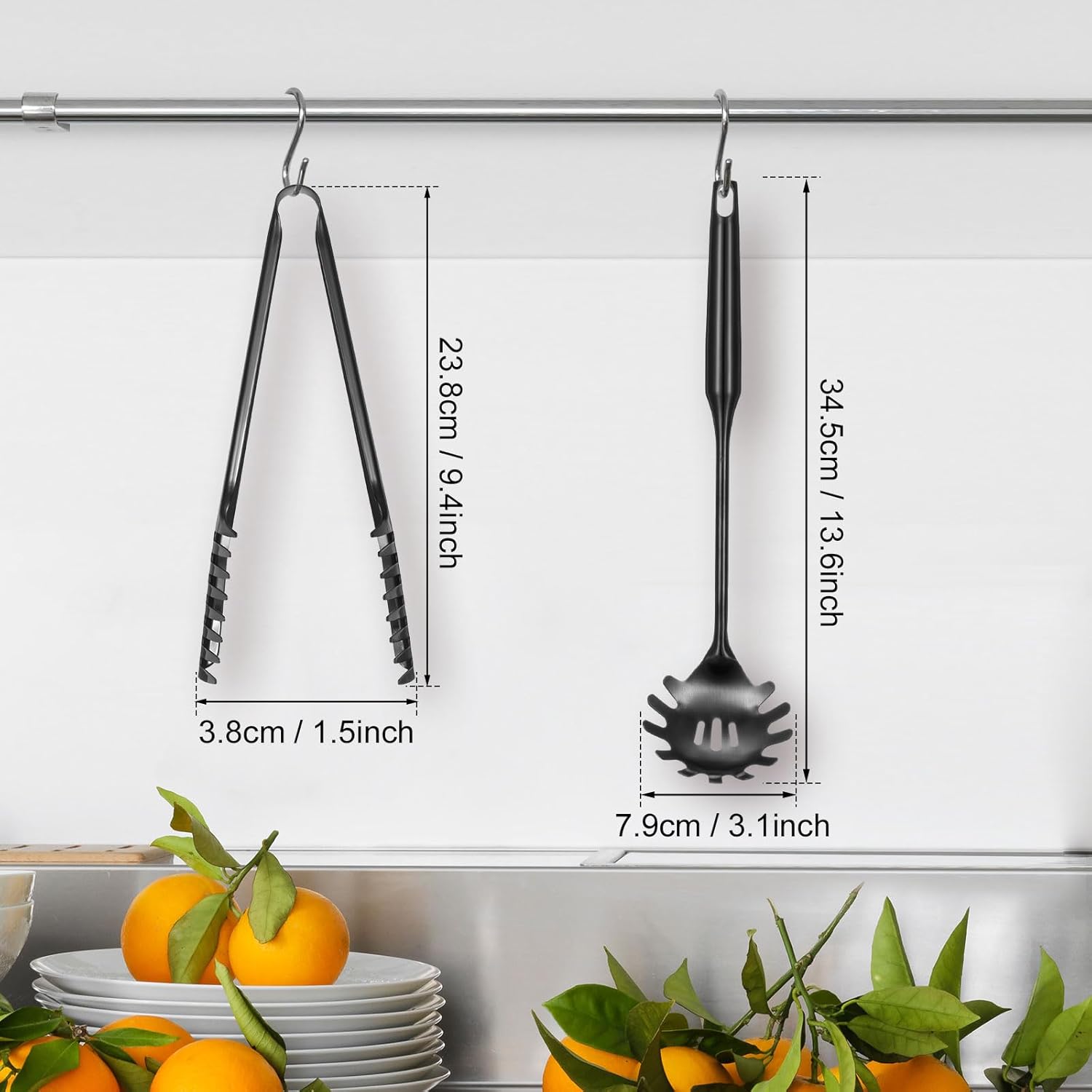 Patelai 2 Pcs Stainless Steel Pasta Spoon with Teeth Large Spaghetti Utensil, 9.4'' Tong and 13.6'' Pasta Fork with Vacuum Handle, Comfortable Grip Design Spoons for Kitchen(Black) - Culinary Roots