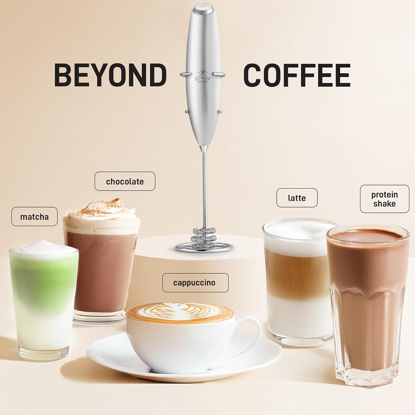 Zulay Kitchen Tornado Whisk Milk Frother with 4 AA Duracell Batteries - Triple Whisk for More Power - Handheld Coffee Frother with Stand - Drink Mixer for Lattes, Matcha & Protein Shakes - Culinary Roots