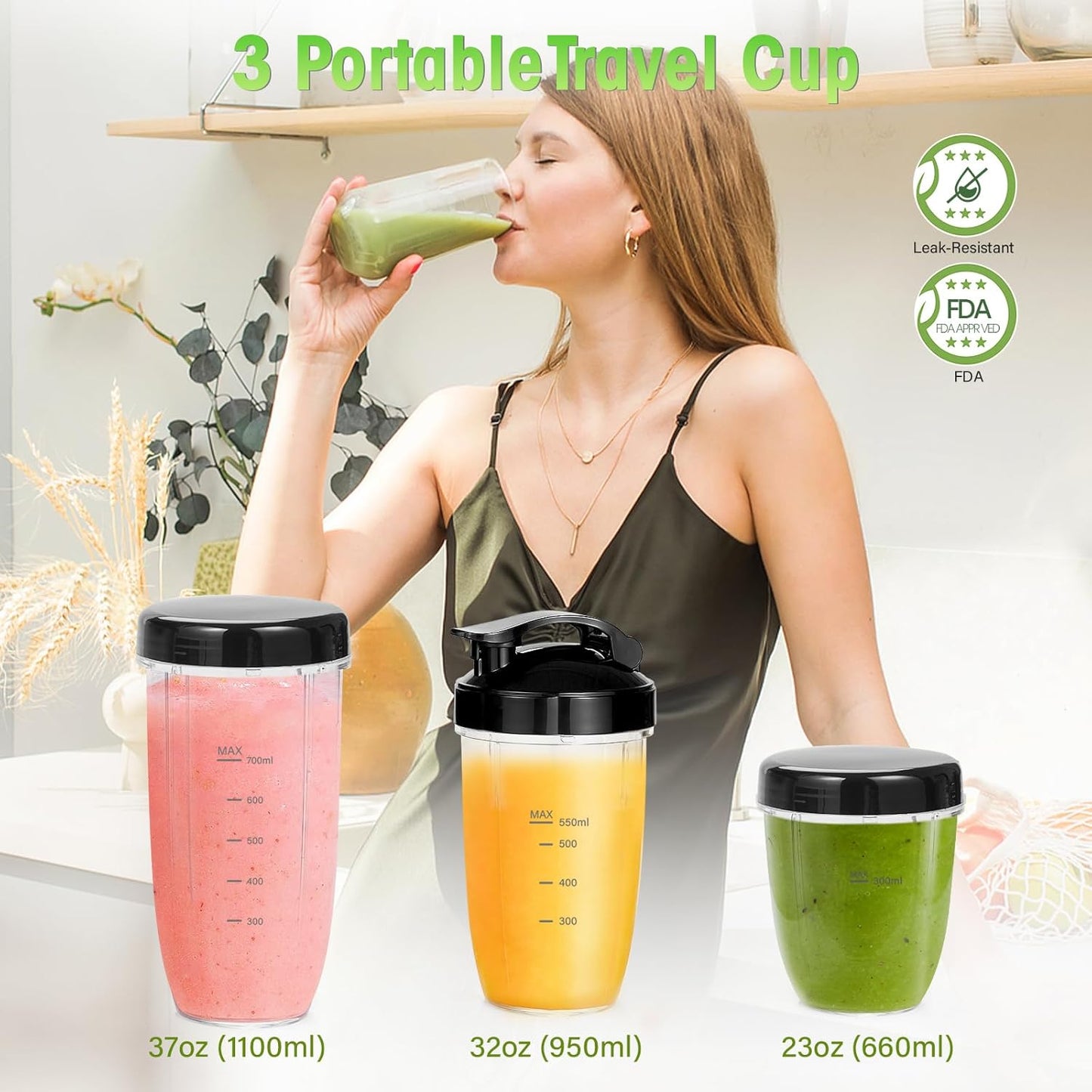 Nahida Blender for Smoothies, 1200W Smoothie Blender for Ices Crushing, Blenders with (2) 6-Fin Blades, Personal Blenders for Kitchen with 23oz, 32oz, 37oz Easy Go Cups for Juices, 1200W, Brown