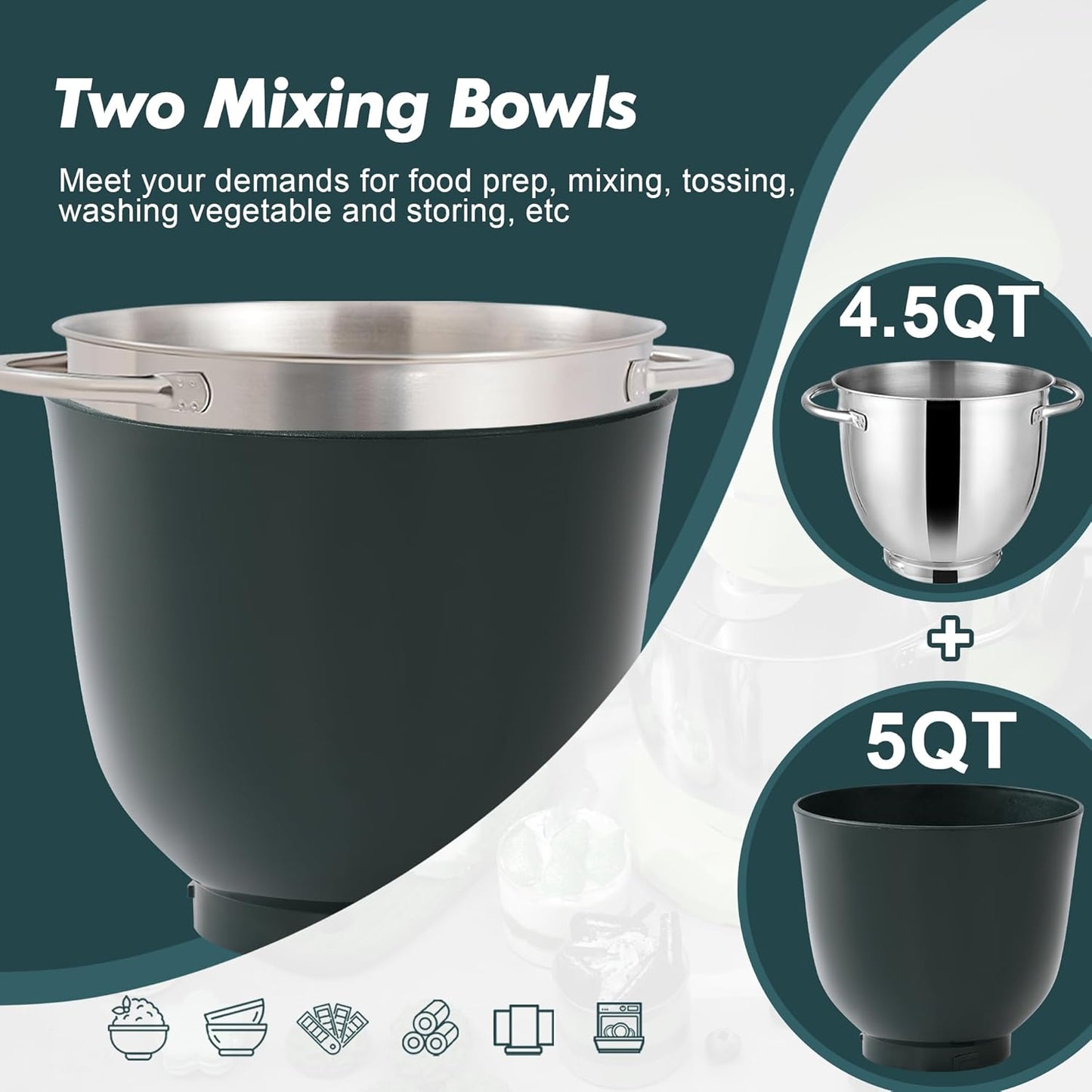 Kitchen in the box Stand Mixer, 4.5QT+5QT Two bowls Electric Food Mixer, 10 Speeds 3-IN-1 Kitchen Mixer for Daily Use with Egg Whisk,Dough Hook,Flat Beater (Turquoise Green, 5QT)
