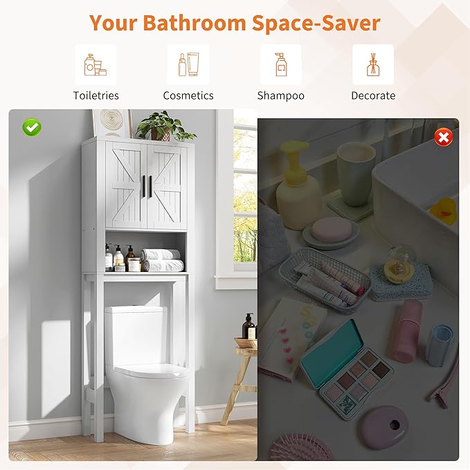 IDEALHOUSE 23.6 Inches Wide Toilet Rack with Over The Toilet Storage Cabinet, Bathroom Shelf Organizer with Anti-Tip Device, Small Freestanding Space Saver with Adjustable Shelf (White 23.6" W)