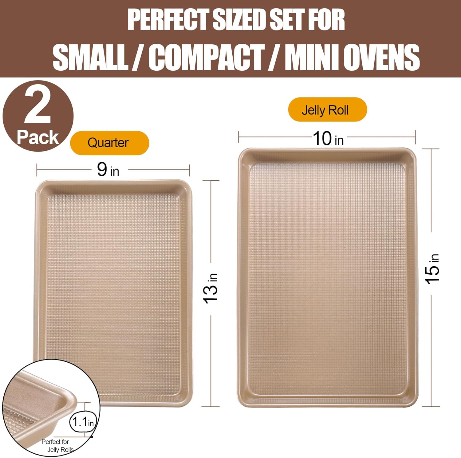 Cookie Sheets for Baking Nonstick, 2 Pack Heavy Duty 0.8mm Baking Sheet Pan Set Quarter(9x13in) & Jelly Roll(10x15in) with Diamond Texture, Gold Commercial Grade, Small Oven Safe - Culinary Roots