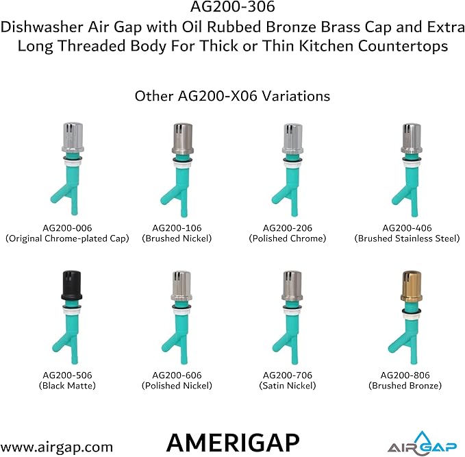 Dishwasher Air Gap with Skirted Oil Rubbed Bronze Brass Cap and Extra Long Threaded Body for Thick or Thin Kitchen Countertops (AG200-306, AG200-X06, AMERIGAP)