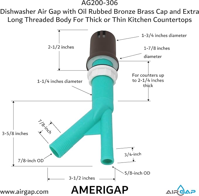Dishwasher Air Gap with Skirted Oil Rubbed Bronze Brass Cap and Extra Long Threaded Body for Thick or Thin Kitchen Countertops (AG200-306, AG200-X06, AMERIGAP)