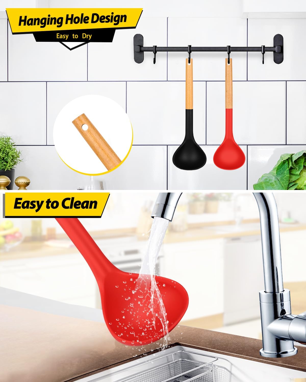Pack of 2 Soup Ladle, Silicone Ladle Spoon with Wooden Handle, Large Non Stick High Heat Resistant Kitchen Utensils for Cooking, Stirring, Serving Soups(BLACK-RED) - Culinary Roots