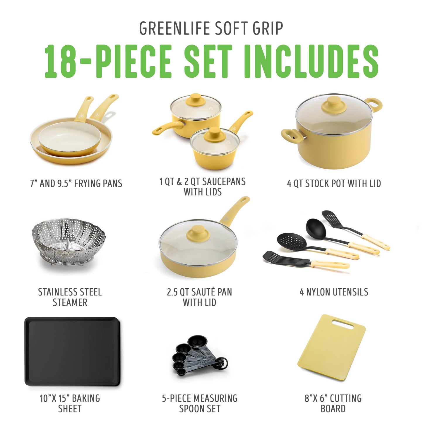 Soft Grip Healthy Ceramic Nonstick 18 Piece Kitchen Cookware Pots and Frying Sauce Saute Pans Set