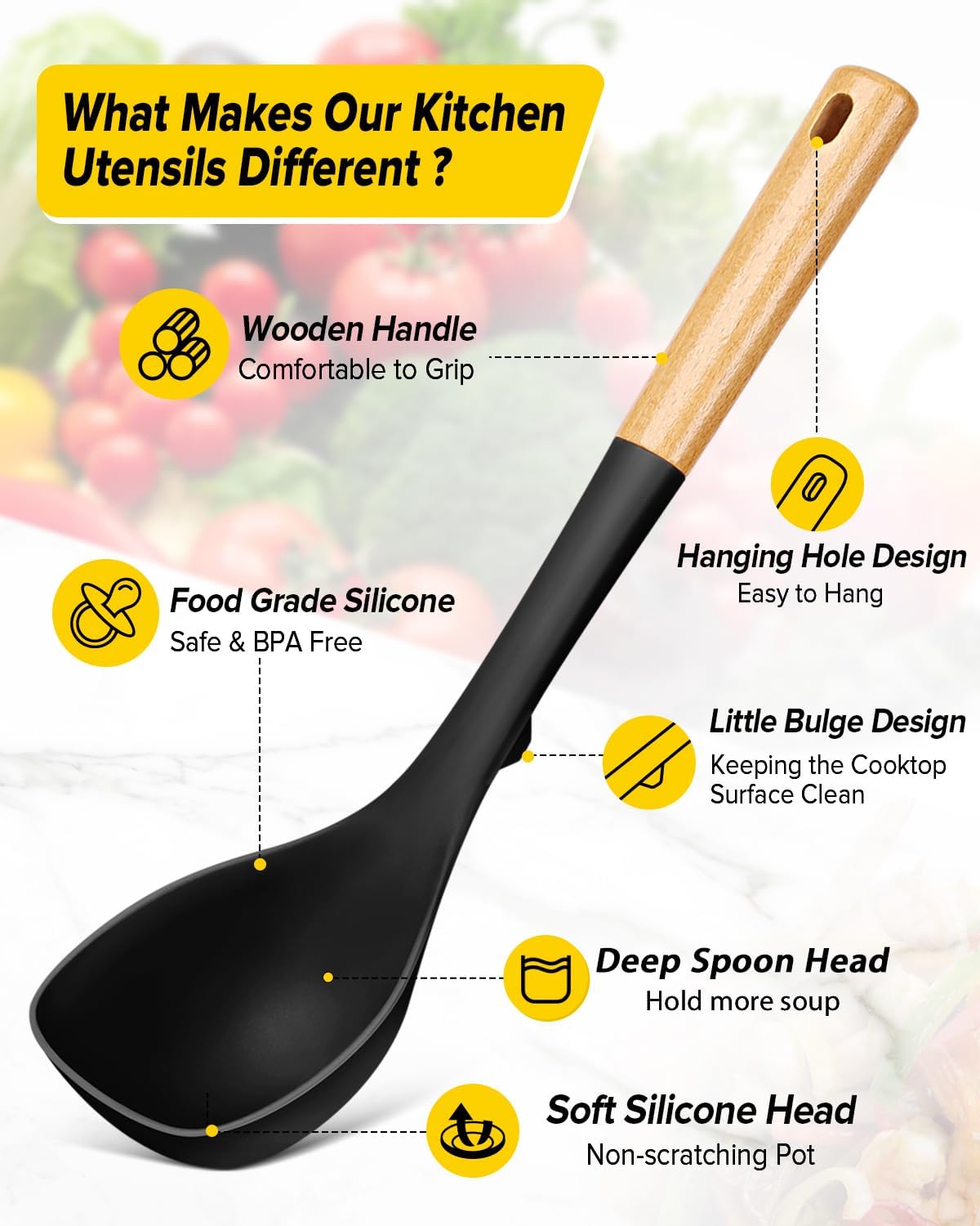 Silicone Soup Ladle and Spaghetti Spoon Set with Wooden Handle, Non Stick Heat Resistant Kitchen Utensils for Cooking, Stirring, Serving Pasta, Soup & Sauce(BLACK) - Culinary Roots