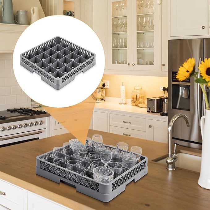 1 Pack Commercial Dishwasher Tray Rack Polypropylene Full Size Flatware Rack for Bowls Plates Knives Forks Cups (25 Grid,Gray)