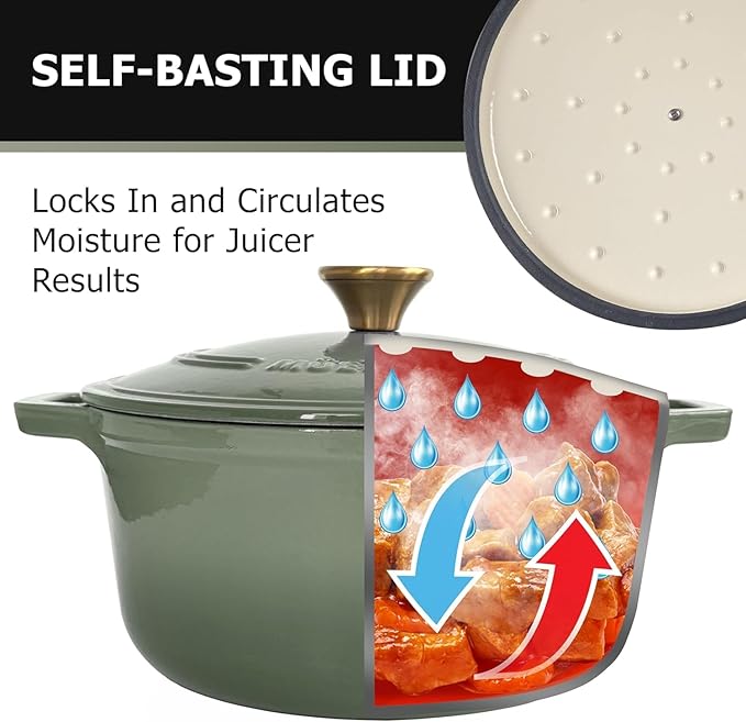 MUELLER HOME 4.5 Quart Enameled Cast Iron Dutch Oven For Sourdough Bread Baking, Heavy-Duty, Oven-Safe up to 500° F & Across All Cooktops, Casserole Dishes, Green Kitchen Accessories, Thyme Green